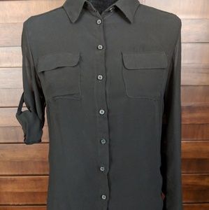 Sheer black button up high low blouse